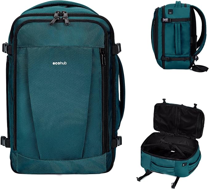 ECOHUB Travel Backpack 18x14x8 Frontier Airlines Personal Item Bag Teal | Carry On Backpack with 13 Pockets, Casual Daypack for Men Women Airline Approved Water Resistant Back pack with Charging Port