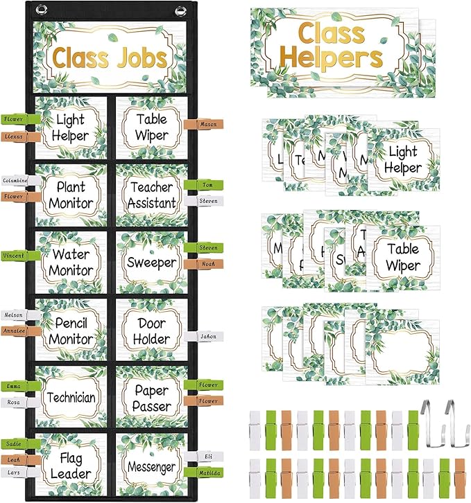 Pasimy Eucalyptus Class Jobs Pocket Chart Class Helpers Pocket Chart Classroom Jobs Cards with Clips and Hooks Teacher Helper Bulletin Board Set for Back to School Classroom Teacher Supplies