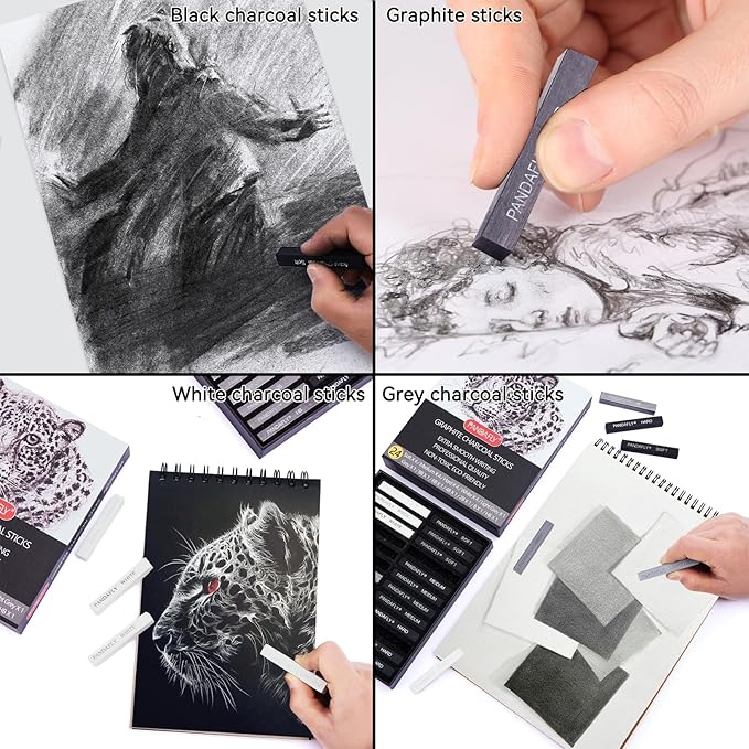 PANDAFLY Compressed Graphite Charcoal Sticks, 24 Pieces Black & White Vine Charcoal Sticks for Drawing, Sketching, Shading, Charcoal Drawing Set for Beginners & Pro Artists