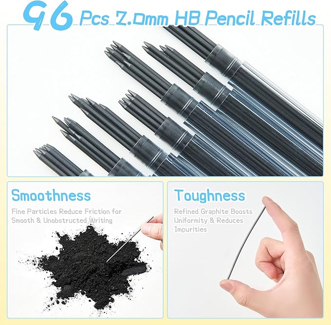 Thick Mechanical Pencil for Kids, Smile Handwriting Pencil with Non-Slip Grip & 2.0mm HB Lead, Break-Resistant, 8 Pack Includes 96 Refills #2, Sharpener & Eraser