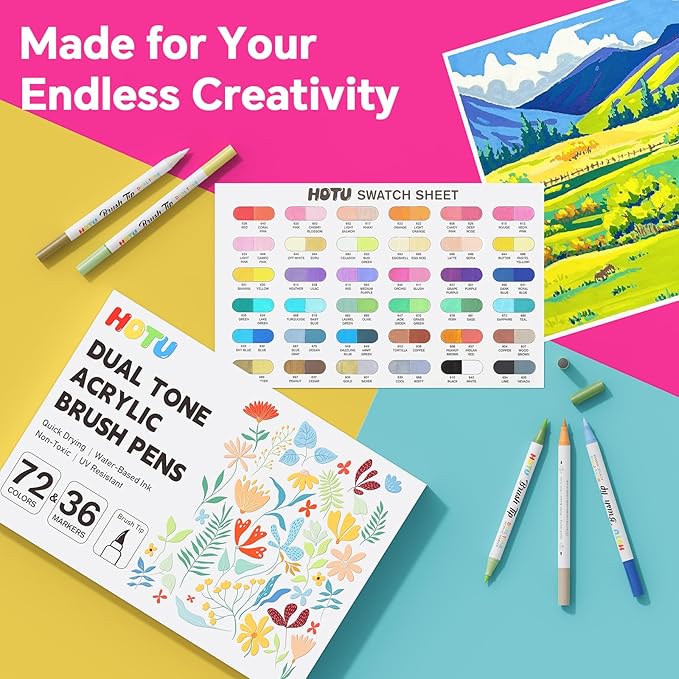 HOTU 72 Colors Acrylic Paint Markers, Acrylic Markers with 36 Dual-Brush Tip Paint Markers for Stocking Stuffers, Rocks, Coloring Books, DIY Art Supplies