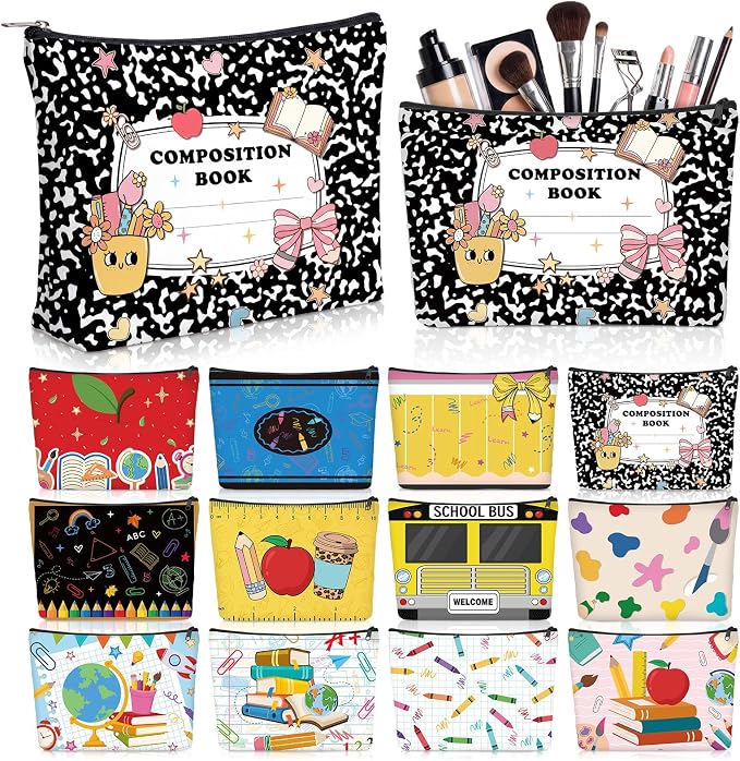 Reginary 12 Pcs Back to School Gifts Makeup Bags, School Bus & Pencil Print Bulk Cosmetic Pouches, Teacher Appreciation Zipper Pouch for Women, Classroom & Travel Supplies