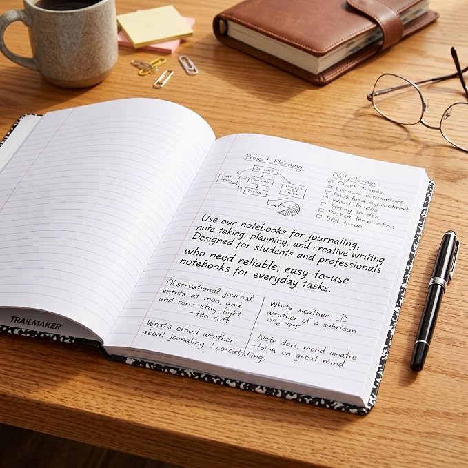 Trail maker 5 Pack Composition Notebooks Colored, Wide Ruled Marble Cover, 200 Pages (100 Sheets), 9.75 x 7.25, Bulk School Supplies for Classroom, Office & School Donations