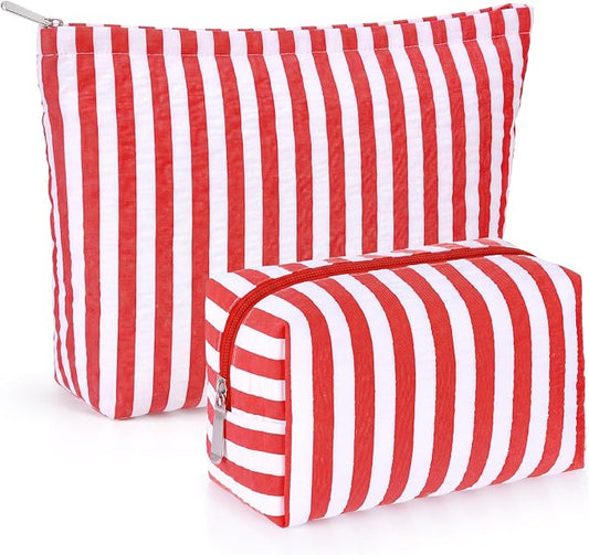Huhumy 2 Pcs Makeup Bag Set for Women, Red, Wide Striped Seersucker | Cute Cosmetic Pouch Women Travel Toiletry Bag Preppy Small Makeup Purse Pouch Aesthetic Skincare Brushes Storage Organizer