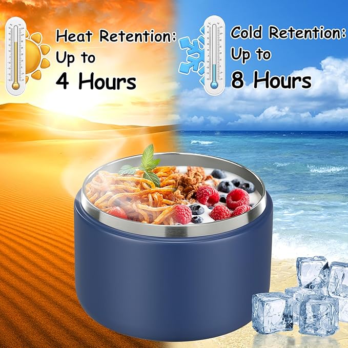 Pawtong 12oz Insulated Vacuum Food Jar with Buckle Lid Wide Mouth Soup Thermo for Hot Food Kids Leakproof Stainless Steel Lunch Container- Blue 1 Pack