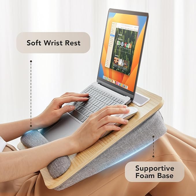 HUANUO Laptop Lap Desk - Portable Lap Desk with Pillow Cushion, Fits up to 15.6 inch Laptop, with Anti-Slip Strip & Storage Function for Home Office Students Use as Computer Laptop Stand - Light Wood