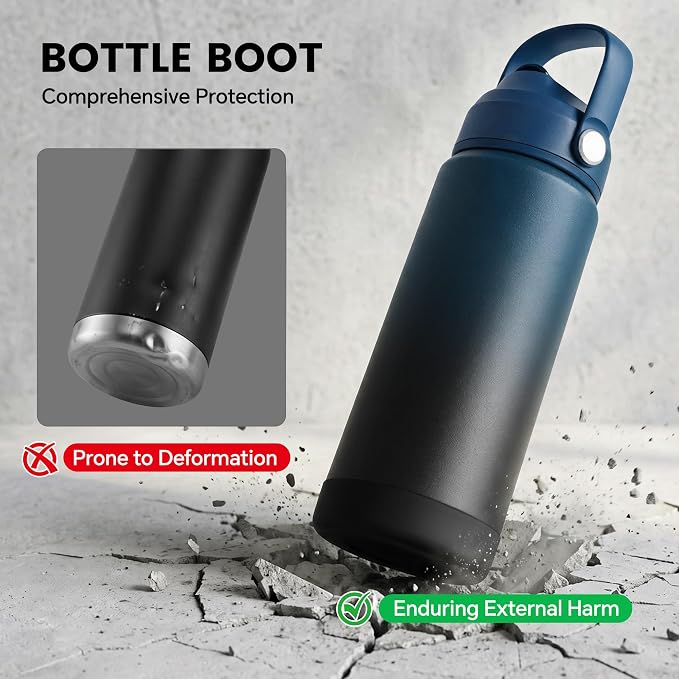 Fijinhom 24 oz Insulated Water Bottle with Straw Lid, Stainless Steel Water Bottles, Double Wall Vacuum, Portable Handle & Non-slip Bottom, BPA Free Leak Proof Metal Bottles, Keep Cold 24H, Blue/Black