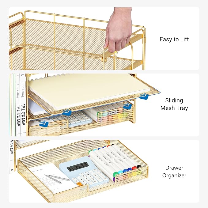 OPNICE Desk Organizers and Accessories, 4-Tier Desktop File Organizer with Drawer and 2 Pen Holders, Office Desk Accessories, Workspace Organizers for Office Supplies(Gold)