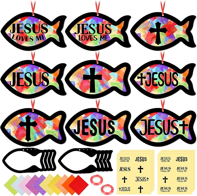 48PCS Sunday School VBS Crafts Bulk: Paper Jesus Fish Nativity Suncatchers, Religious Christian Activity DIY Kits Church Decorations, Window Stained Glass Effect Art Supplies