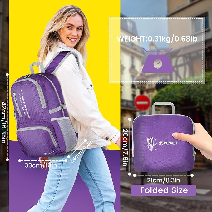 ZOMAKE Lightweight Packable Backpack, Water Resistant Foldable Daypack 35L | Light Hiking Backpacks Collapsible Day Pack for Travel, Everyday Carry, Multi Compartment Storage, Adjustable Strap (Purple)