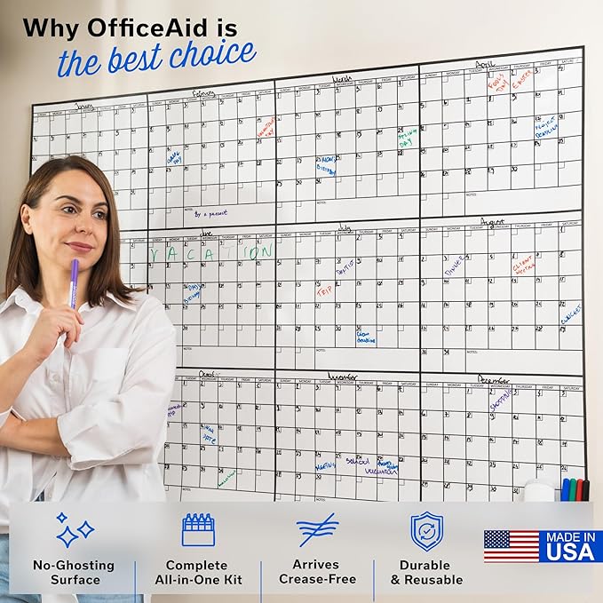 Yearly Large Dry Erase Calendar for Wall 36x48, 12 Office Annual, Erasable Month, Rolled Whiteboard White Board, Year Calendar Planner Giant Family for Dry Undated Classroom Erase Wall Reusable