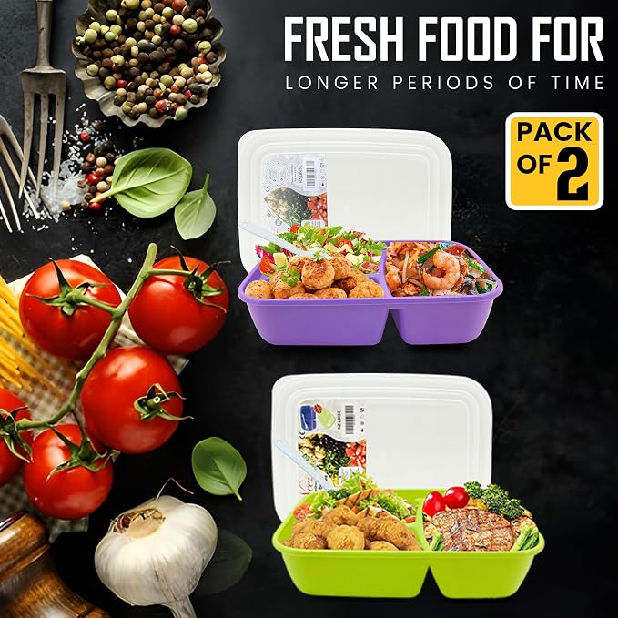 Neez 2 Pack Lunch Containers for Adults (48oz/6 Cup) - 3 Compartment Large Bento Lunch Box For Women - Reusable Lunchable Container for Salad, Snack, Meal Prep - Stackable, Microwavable & Leak proof