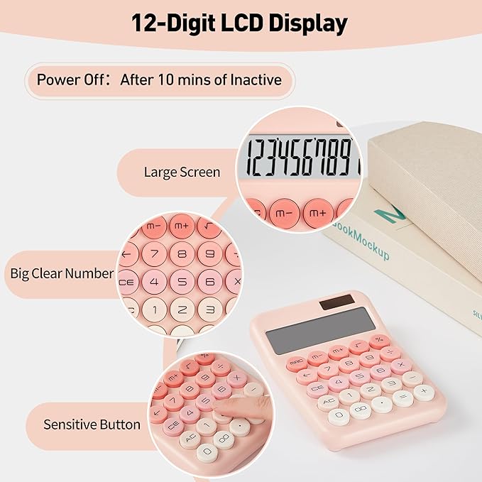 KANBIT Small Desktop Calculator with LCD Large Display and Sensitive Button, Dual Solar and Battery Powered with Automatic Sleep Basic Cute Calculators for Office, School and Business (Pink)