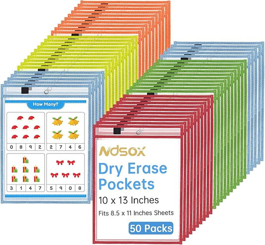 Ndsox 50 Packs Oversized Dry Erase Pockets Reusable Plastic Sleeves, 5 Colors Shop Ticket Holders & Sheet Protectors Document Sleeves for Teachers, Classroom Organization, School Supplies Must Have