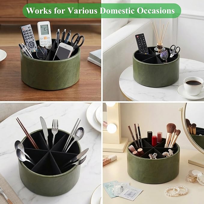 Remote Control Holder, 360°Spinning PU Leather Desk TV Remote Caddy,Desk Storage Box Room Accessories for Controller, Media,Mail,Calculator, Mobile Phone,Pencil(1-Oil Green)