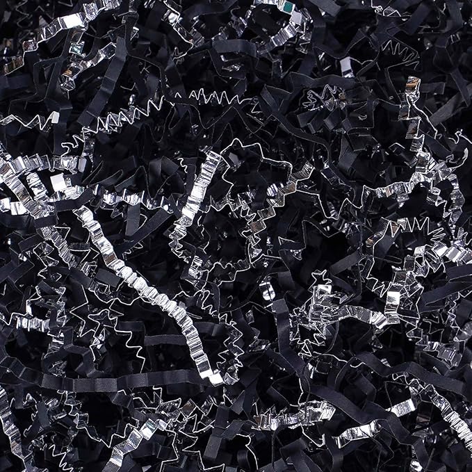 TANMWZK Crinkle Cut Paper Shred Filler 1 LB Gift Wrapping & Gift Basket Filler for Christmas,Halloween & Wedding Decorations,Easter Basket Grass Filler,Crafting Activities (Black and Silver)