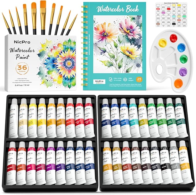 Nicpro Watercolor Paint Set for Adults, 36 Colors Watercolor Tube (12ml,0.4oz) with10 Paint Brushes, 25-Sheet Watercolor Paper Book, Palette, Water Color Painting Supplies for Artists Beginners Gift