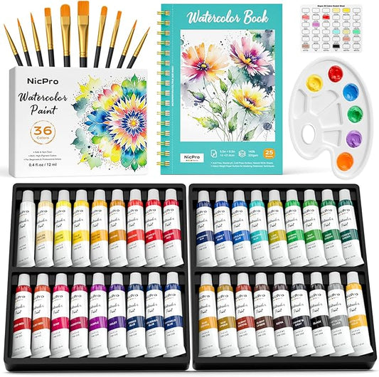 Nicpro Watercolor Paint Set for Adults, 36 Colors Watercolor Tube (12ml,0.4oz) with10 Paint Brushes, 25-Sheet Watercolor Paper Book, Palette, Water Color Painting Supplies for Artists Beginners Gift
