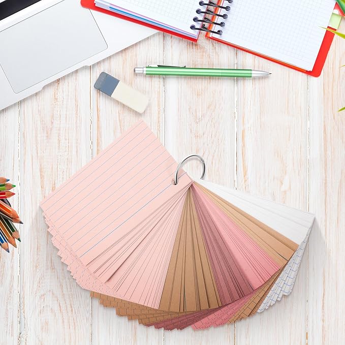 Epakh 300 Pieces Lined Index Cards 180 GSM Thick Flash Cards with Rings Notecards Punched Back to School for Studying Adults Home College Office(3 x 5 Inch,Dark Pink Brown Series)