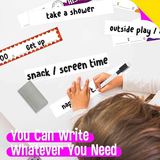 Daily Schedule Pocket Chart, Classroom Chart with 13+1 Pockets, 26 Reusable Cards (13 Double Sided Printed Cards & 13 Blank Ones) plus 2 Metal Mounting Hangers (Blue Sky, 13” x 36”)