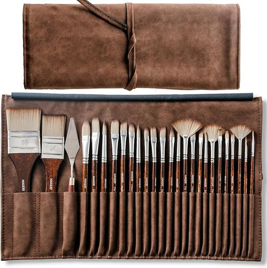 25 Pieces Paint Brushes, Expert Synthetic Nylon Bristles Paint Brush Kit with Palette Knife & Suede Leather Roll, Paint Brushes Set for Oil, Acrylic, Watercolor, Gouache and Detail Paintings