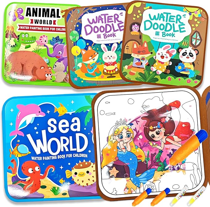 NaTuGi Reusable Magic Water Painting Books for Kids,Watercolor Workbook Coloring Books for Toddler,4 Themes,No Mess Paint Coloring,for Ages 3+ Gift for Boys & Girls Travel Activity Toys (4 Books)