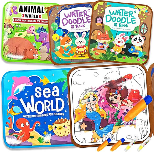 NaTuGi Reusable Magic Water Painting Books for Kids,Watercolor Workbook Coloring Books for Toddler,4 Themes,No Mess Paint Coloring,for Ages 3+ Gift for Boys & Girls Travel Activity Toys (4 Books)