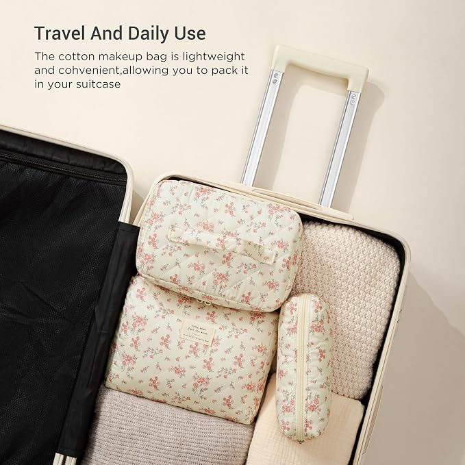 HBselect Quilted Makeup Bag, 3Pcs Cotton Large Travel Makeup Bags Organizer | Cute Floral Make up Bag Cosmetic Bag Toiletry Bag for Women Girls, Makeup Pouch for Skincare, Brushes & Travel Essentials