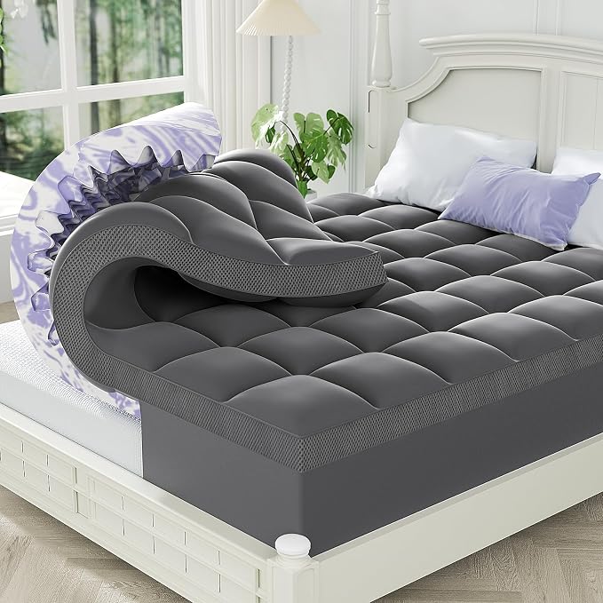 ChiXpace Dual Layer 5 Inch Memory Foam Mattress Topper King | 3 Inch Pillow Top Mattress Pad Cover and 2 Inch Gel Memory Foam, 7-Zone Egg Crate & 2-in-1 Design (Gray)