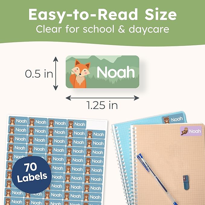 Personalized Name Labels for Kids (70 Labels) - Durable & Waterproof Custom Name Stickers for Clothing Tags, School Supplies, Camp & Daycare - Animal Forest (1.2”x0.5”)