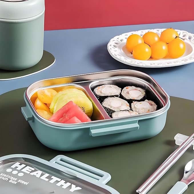 Stainless Steel Lunch Box, 2 Compartment Bento Box for Adults, Easy to Clean, Leak-Proof Design, Food Storage Container with Tableware for Family, Work, Picnics and Travel(800ml, Green)