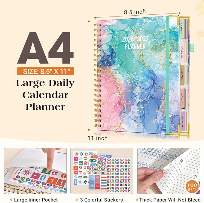 Planner 2025-2027, 21 Months Weekly and Monthly Daily Planner from October 2025 - June 2027, 8.5" x 11" A4 Large Hardcover Agenda Organizer Book 2026 with Tabs, Spiral Yearly Calendar Planners for School Work Home, Pink Blue Marble
