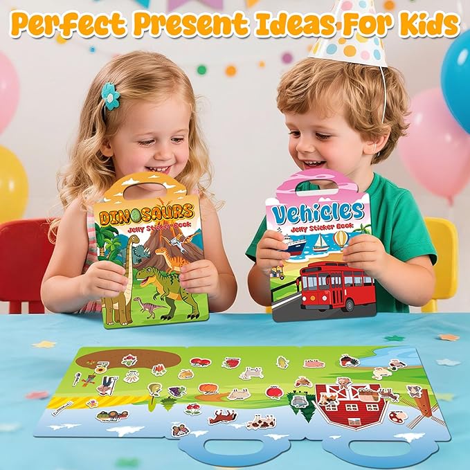 3 Sets Reusable Sticker Book for Kids, Jelly Sticker Books for Toddlers 2-4 Years, Airplane Train Car Travel Essentials Toys for Kids