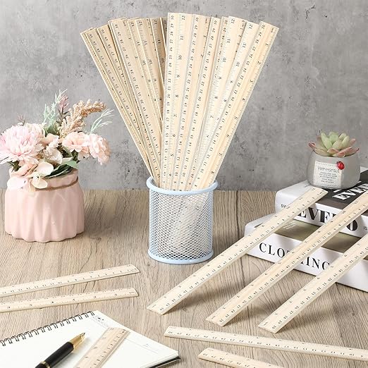 Zonon 50 Pcs Wooden Ruler Bulk Wood Measuring Ruler Office 2 Scale for School Education Families Kids Students (12 Inch)