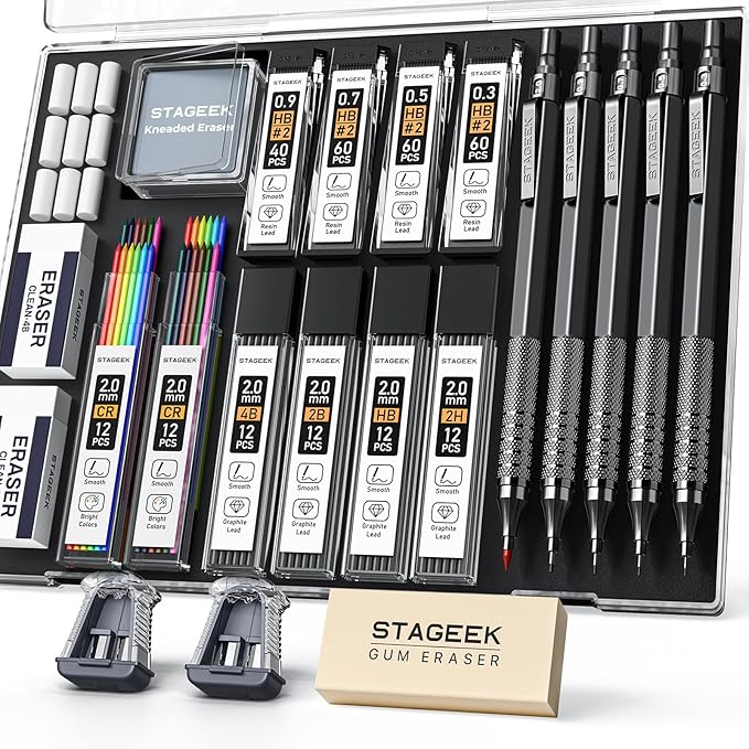 STAGEEK 21PCS Metal Mechanical Pencil Set, Art Lead Pencil 0.3, 0.5, 0.7, 0.9, 2mm Holder(HB 2H 2B 4B Color) with 10 Tubes Graphite Lead Refills Eraser with Case for Drafting Drawing Sketching