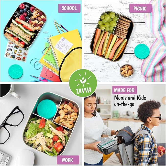 TAVVA Stainless Steel Lunch Box for Kids Ages 6-9 | 2-Piece Set | 27oz Metal Bento Box with 100% Steel Lids | 1.7oz Dip Cup with 100% Leakproof Silicole Lid | BPA-Free | Freezer & Dishwasher Safe