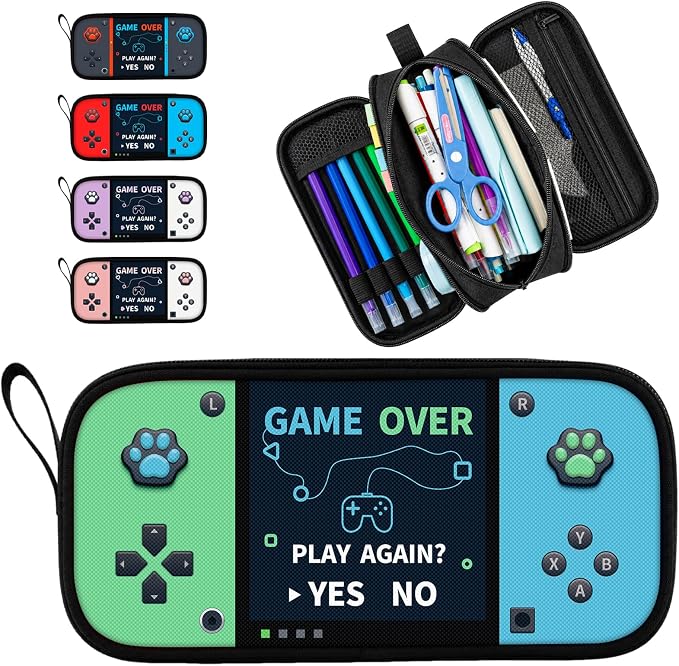 Game Controller Pencil Case for Boys Kids Teens, Large Capacity Pencil Pouch with 3 Compartments, 7 Pockets and Label Pocket for School College Office Travel (Green & Blue)