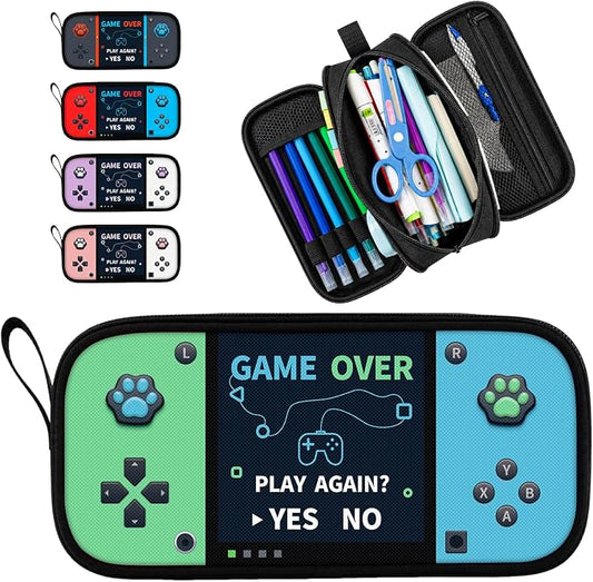 Game Controller Pencil Case for Boys Kids Teens, Large Capacity Pencil Pouch with 3 Compartments, 7 Pockets and Label Pocket for School College Office Travel (Green & Blue)