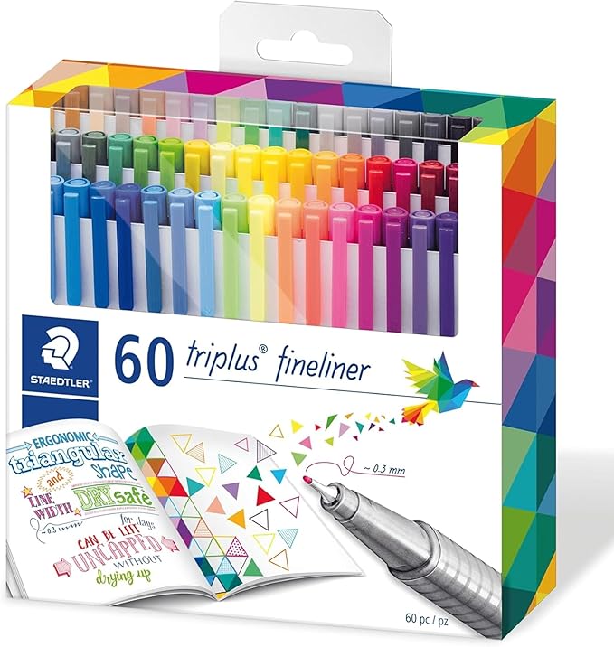 STAEDTLER triplus Fineliner 60pc Felt-Tip Pen Set: 0.3mm Assorted Colors, Water-Base Ink, Ergonomic Triangular Shape - For Detailed Coloring, Writing, Journaling & Drawing in Classroom, Home, Office