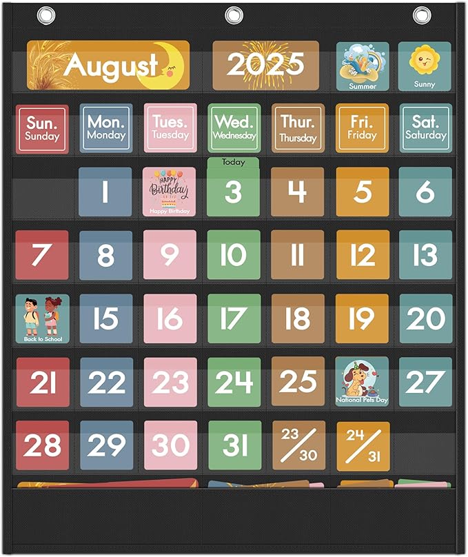 Yoink 49 Pockets Classroom Calendar Pocket Chart with 77 Cards, Daily Monthly Learning Calendar for Circle Time Weather Seasons, Preschool Kindergarten Homeschool Must Have, Teacher Supplies (Black)