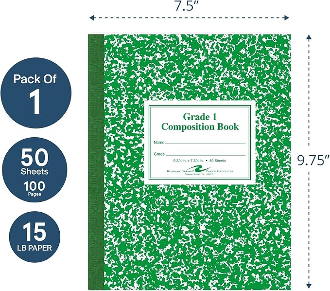 Roaring Spring Grade One Composition Book, 10 x 8 Inches, 50 Sheets (77920)