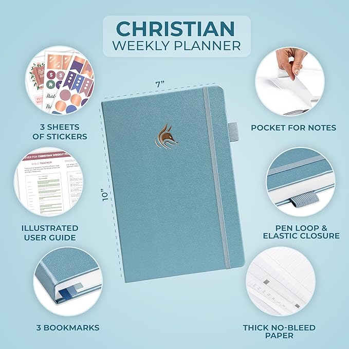 Clever Fox Christian Hourly Weekly Planner – Goal Setting Planner with Time Slots, Monthly Budget, Sermon Notes, Bible Reading Tracker (Aquamarine)
