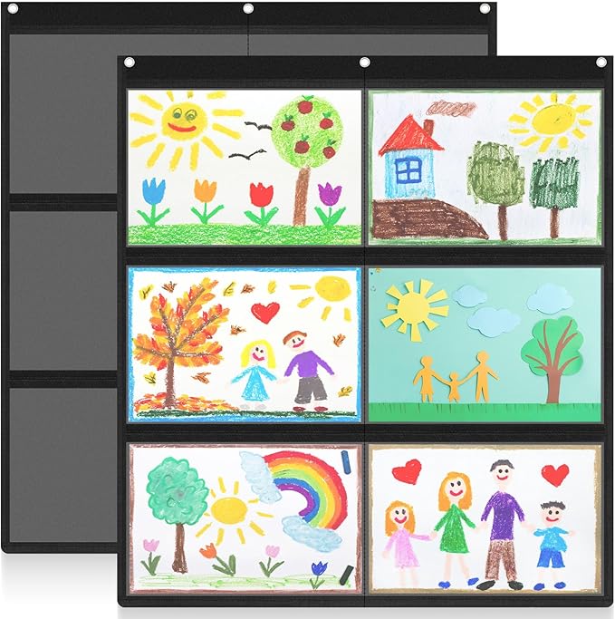 MotiMind 2 Pcs 6 Pockets Black Classroom Chart with Large Pockets 28.3 x 24.4 in, A4 Classroom Schedule Pocket Chart for Cards, Drawing, Pictures, Homework, Teacher Office Activities