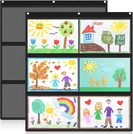 MotiMind 2 Pcs 6 Pockets Black Classroom Chart with Large Pockets 28.3 x 24.4 in, A4 Classroom Schedule Pocket Chart for Cards, Drawing, Pictures, Homework, Teacher Office Activities