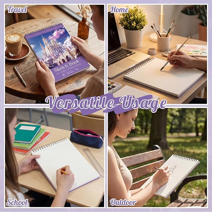Prudiut Sketch Book 4 Pack 8.5x11 Inch Violet Spiral Bound Sketch Pad for Woman - 50 Sheets Acid Free Paper Sketchbooks for Drawing Artists Beginners Dry Media Portable Tear Line Art Supplies