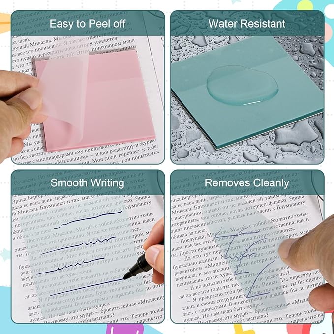 Transparent Sticky Notes,6 Pack 3x3 in，Clear Sticky Notes，Self-Adhesive Waterproof Translucent ，Clear Notes， for Bible,School, Office (Pink + Blue, 3 * 3 Inch)