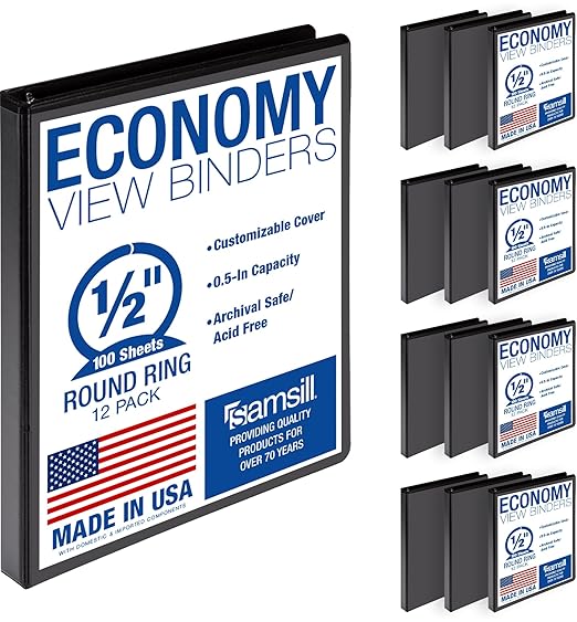 Samsill 0.5 Inch 3 Ring Binders, Economy Round Ring, Clear View Cover, 100 Sheet Capacity - for School, Home, Office - Black, 12 Pack