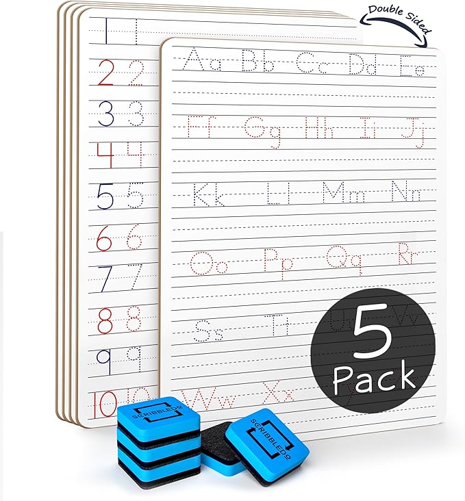 Scribbledo 5 Pack Dry Erase Handwriting Practice for Kids 9 x 12 Inch Letter Alphabet Tracing Board Whiteboard for Kids Ages 3-5 Write and Wipe Alphabet Practice Cards Letters & Erasers