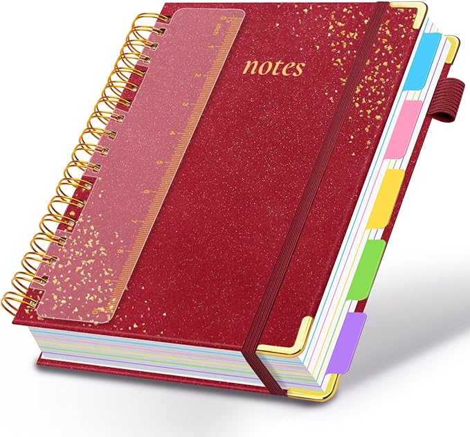 Hardcover Spiral Notebook with Removable Dividers & Tabs, 8.5"x11" 5 Subject Notebooks for Work, 300 Pages College Ruled Notebook, A4 Sparkle Lined Journal for Women Girls Note-Taking (Wine Red)