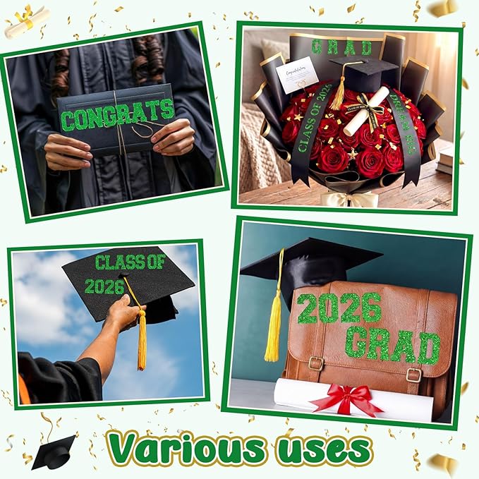 Green 175 Pcs Graduation Photo Display Board Sticker Glitter Border Trim Alphabet Letter Number for 2026 Grad Party Trifold Poster Photo Display Event Displays Bulletin Board